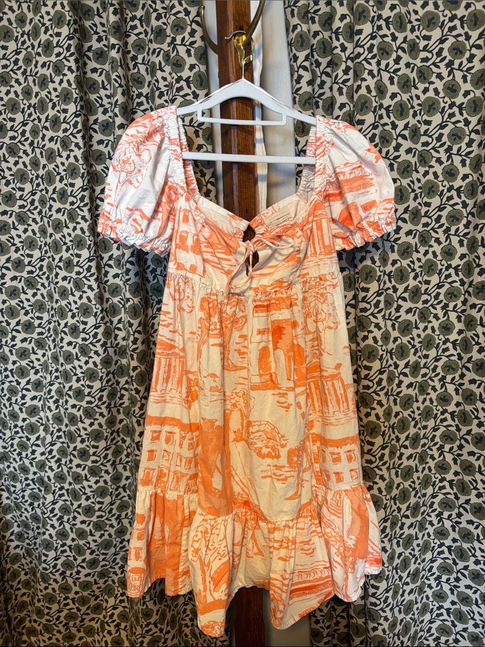 Urban Outfitters Orange and White Puff Sleeve Tie-Front Mini Dress